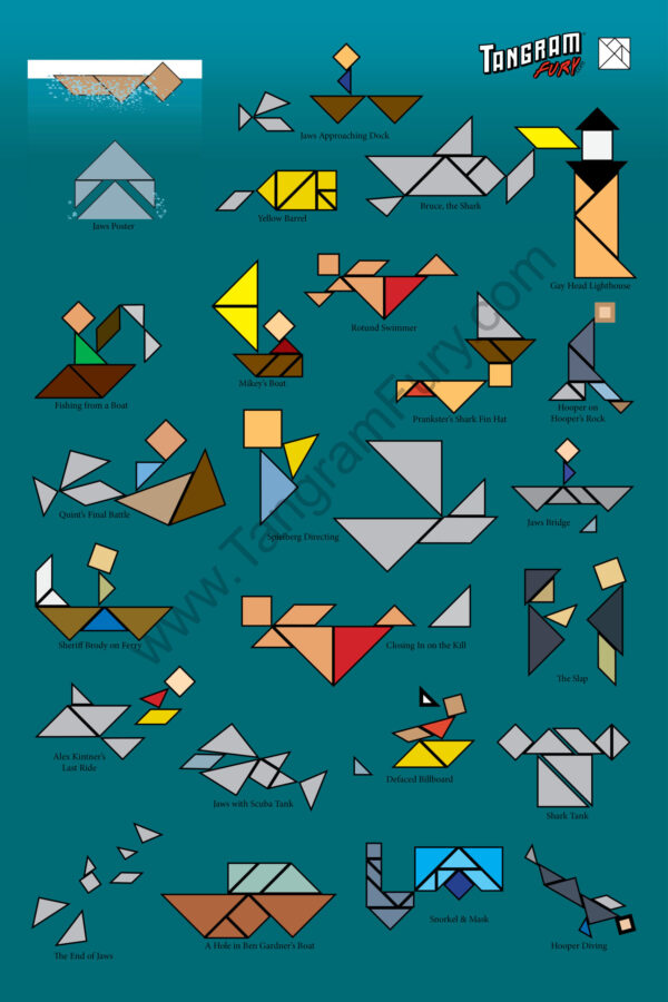 Jaws Tangrams on Ocean Water Background